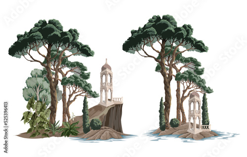 Landscape with mountains, sea, trees and alcove isolated.