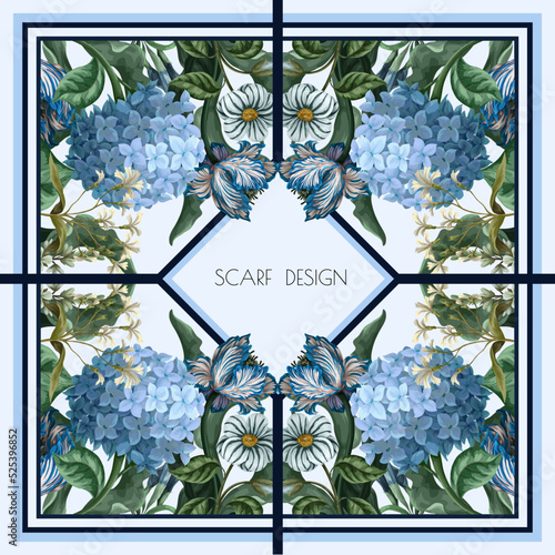 Design scarf with blue hydrangeas anf other flowers. Vector.