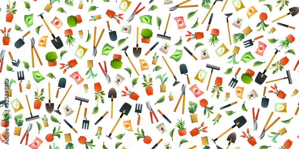 Agricultural rural garden tool. Seamless pattern. Isolated on white background. Shovels rakes and hoes. Flower pots with indoor plants. Packets of vegetable seeds. Vector