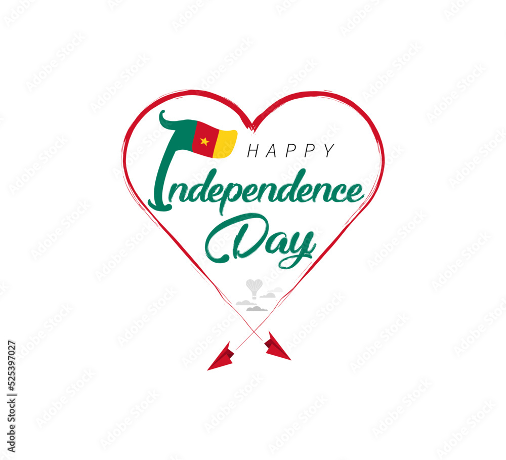 happy independence day of Cameroon. Airplane draws cloud from heart. National flag vector illustration on white background.