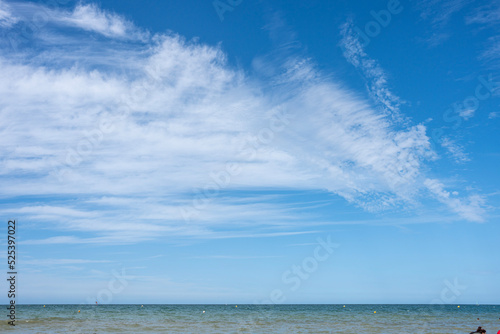 Langrune-Sur-Mer, France - 08 04 2022: View of a cloudy sky above the sea from the beach