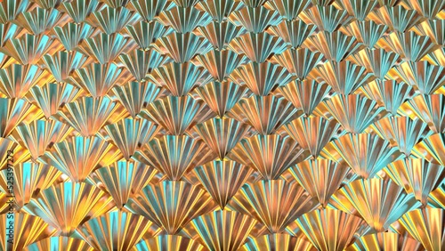 Light yellow blue mermaid scales move slowly like waves. Marine fantasy 3d 4k looped background. Textured scaly pattern