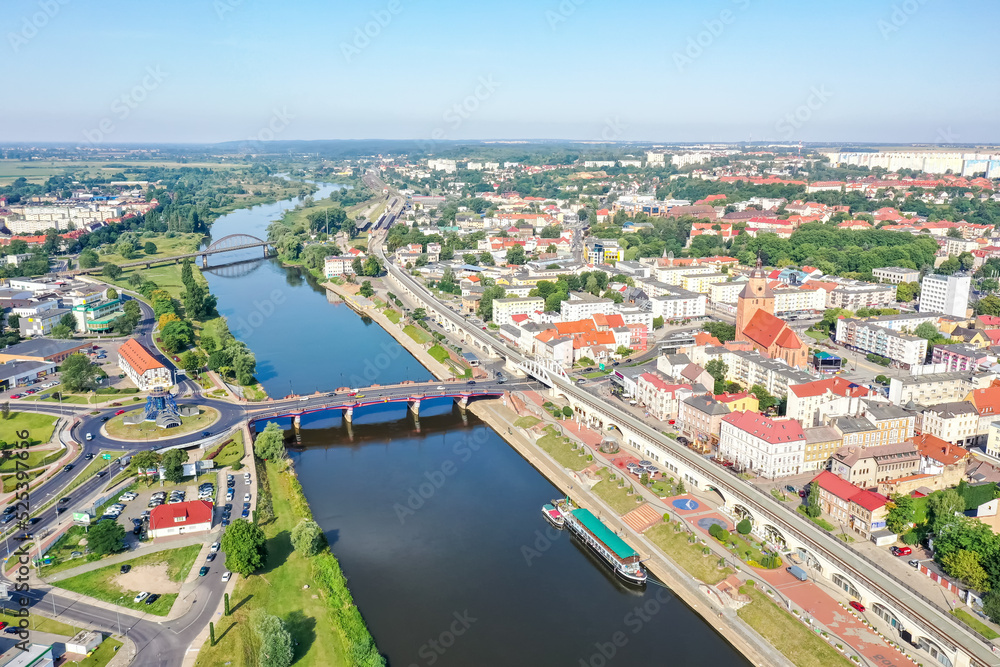 Aerial view of Gorzów Wielkopolski town city at river Warta in Poland