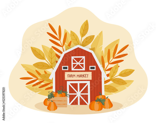 Red barn and orange pumpkins. Autumn harvest of vegetables. Farmland sign template. Thanksgiving flat style vector illustration