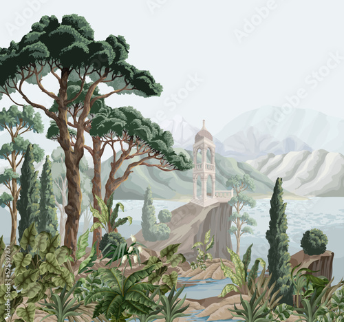 Landscape with mountains, sea, trees and alcove. Interior print.