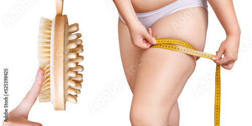 Plump woman with measuring tape near brush for cellulitis treatment. photo