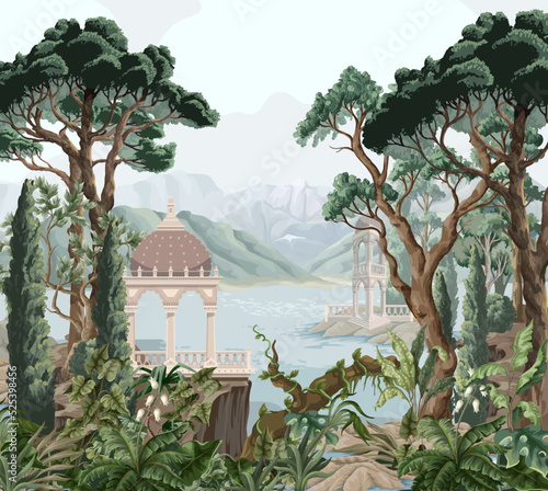 Landscape with mountains, sea, trees and alcove. Interior print.