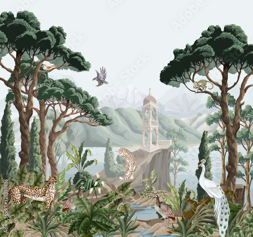 Landscape with mountains, sea, trees and alcove. Interior print.