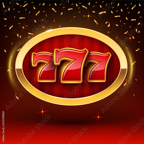 Shining 777 golden sign on stripped red background. Vector illustration for casino poker, roulette, lottery or online games. Golden 777 golden sign illustration.