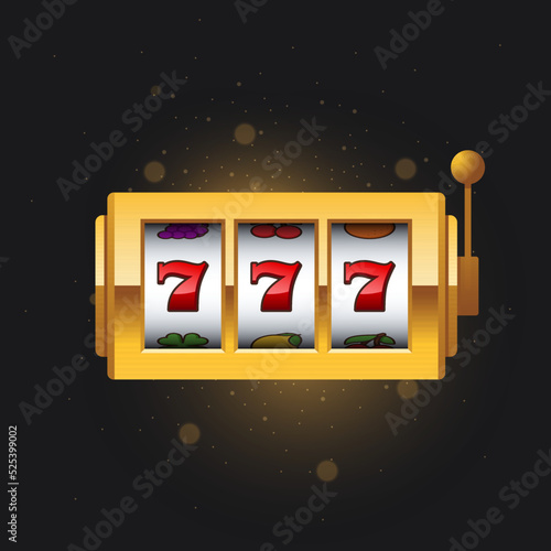 Shining mini golden slot machine with lucky sevens jackpot on dark background. Vector illustration in realistic style. Casino one arm bandit with winning combination.