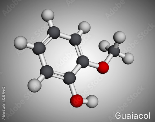 Guaiacol molecule. It is expectorant, disinfectant, plant metabolite. Present in wood smoke. Molecular model. 3D rendering photo