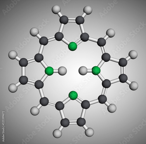 Porphine or Porphyrin, member of porphyrins molecule. It is heme cofactor of hemoglobin, cytochromes. Molecular model. 3D rendering photo