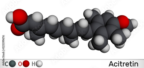 Acitretin molecule. It is retinoid used in the treatment of psoriasis. Molecular model. 3D rendering photo