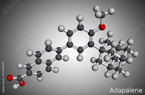 Adapalene molecule. It is third-generation anti-comedogenic, comedolytic, anti-inflammatory retinoid. Molecular model. 3D rendering. photo