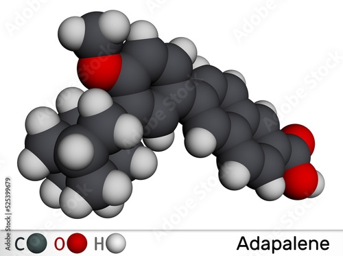 Adapalene molecule. It is third-generation anti-comedogenic, comedolytic, anti-inflammatory retinoid. Molecular model. 3D rendering photo