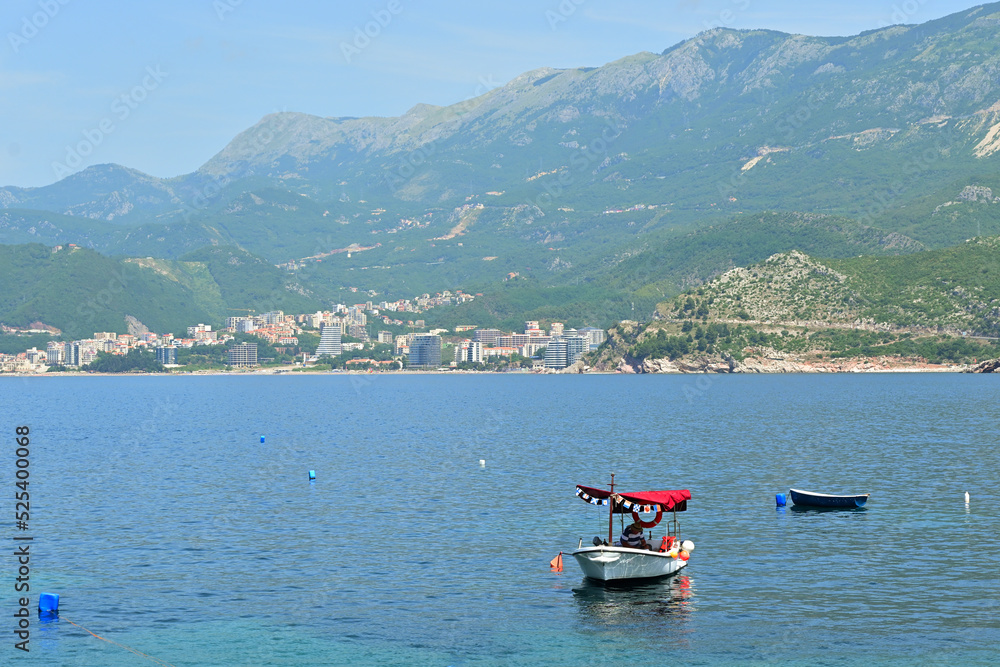 Boat moored in Sveti Stefan Bay, Montenegro