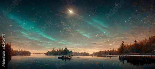 Fotografia beautiful landscape lake starry night northern lights Digital Art Illustration P