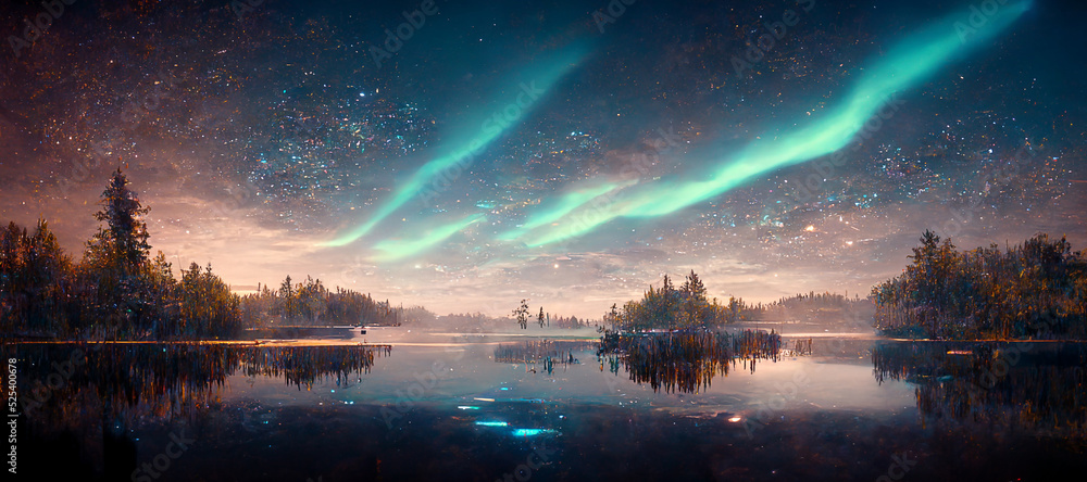 beautiful landscape lake starry night northern lights Digital Art Illustration Painting Hyper Realistic