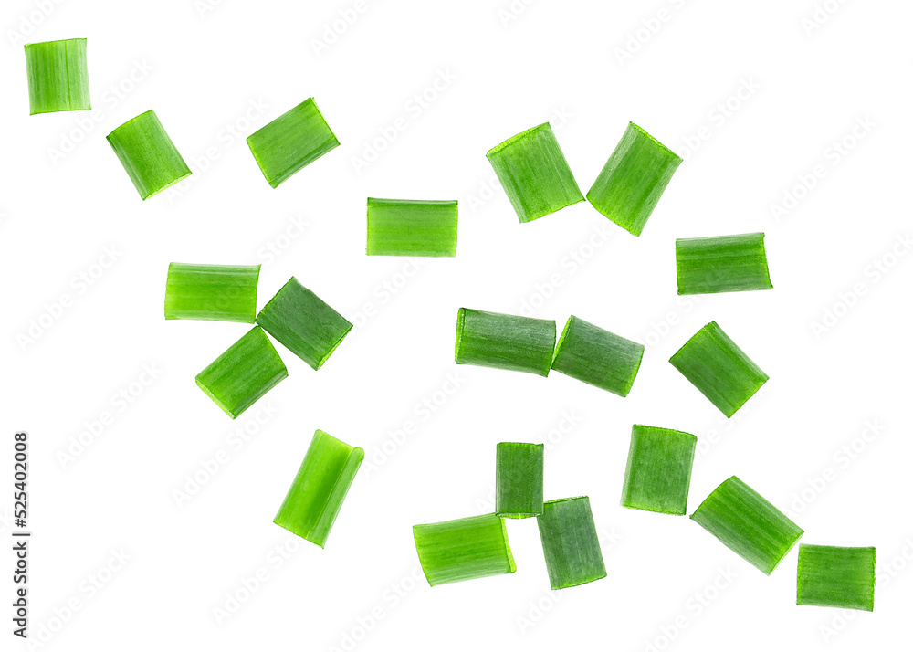 Chopped scallions isolated on a white background, top view. Chopped scallions isolated on a white background, top view.