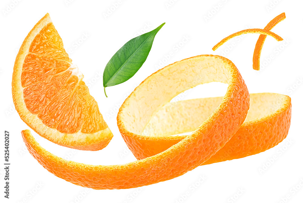 Orange fruit collection - orange twist, orange slices and orange leaf isolated on a white background.