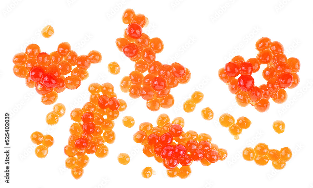 Salmon red caviar isolated on a white background, top view. Salmon red caviar isolated on a white background, top view.