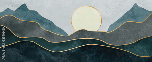 Abstract luxury art background with mountains and hills and sun with golden line. Landscape watercolor banner for decoration design, print, wallpaper, interior design, packaging.