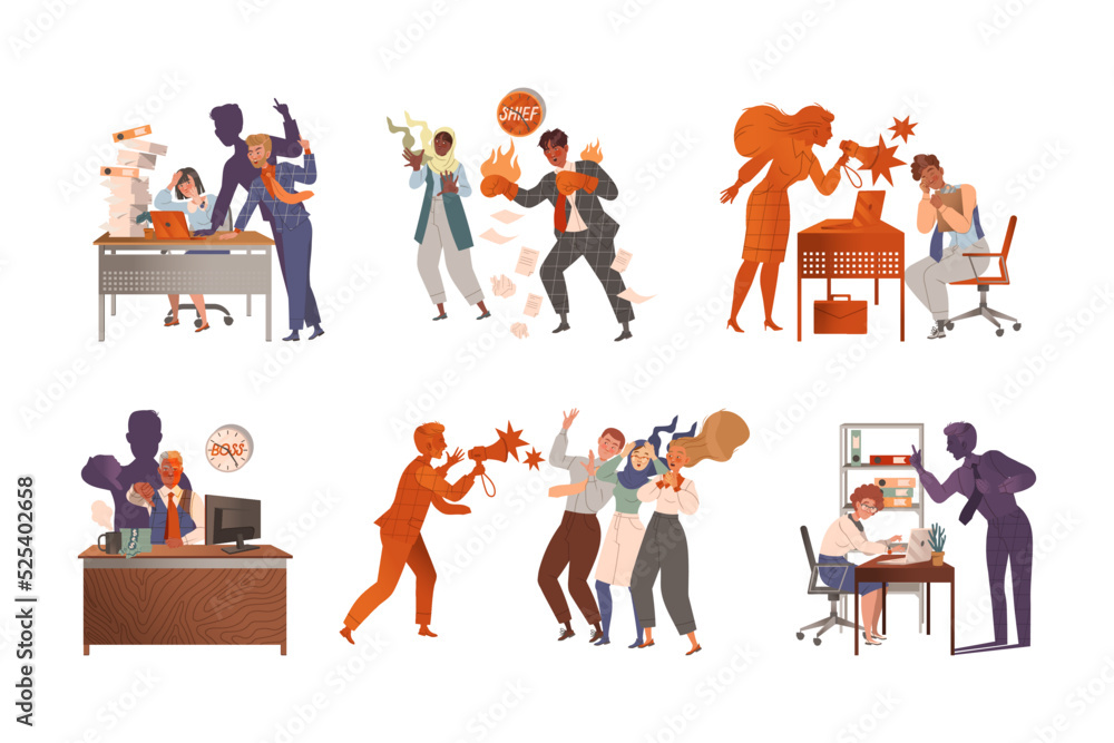 Obraz premium Furious boss and stressed staff set. Angry employers scolding frustrated employees flat vector illustration