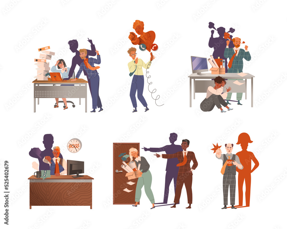 Obraz premium Furious boss and stressed staff set. Angry employers scolding frustrated employees. People feeling stress at work flat vector illustration