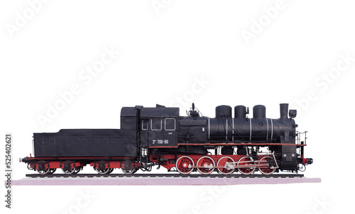 The old steam locomotive EM 708-89. Cyrillic symbols abbreviation MPS - Ministry of Railways in Ukrainian. Isolated view of steam locomotive on a white background.