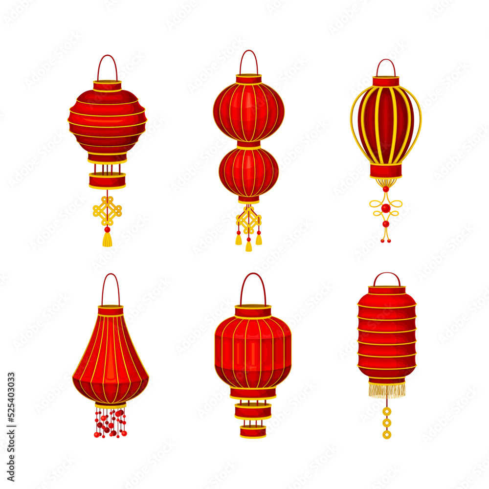 Red Chineese lanters set. Traditional Asian paper lanterns cartoon vector illustration Red Chineese lanters set. Traditional Asian paper lanterns cartoon vector illustration
