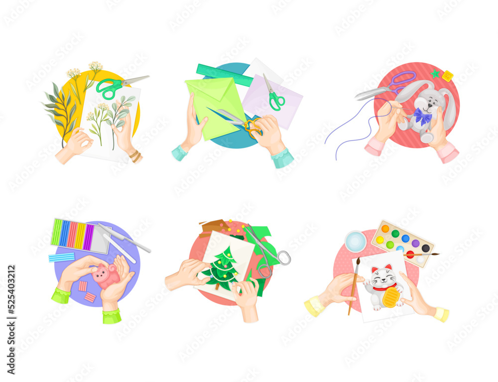 Fototapeta premium Set of human hands making diy crafts. Persons making herbarium, applique and origami, sewing toys, modeling from plasticine, drawing cartoon vector