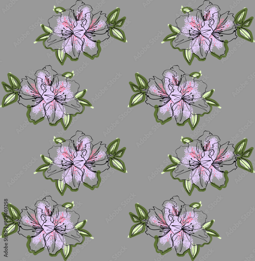 Fototapeta premium Flowering rhodadendrons, drawing in ink and paint, seamless pattern