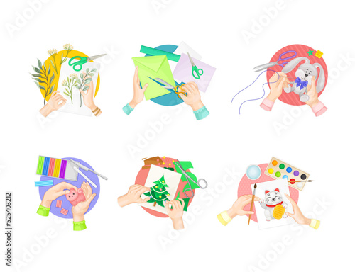 Set of human hands making diy crafts. Persons making herbarium, applique and origami, sewing toys, modeling from plasticine, drawing cartoon vector