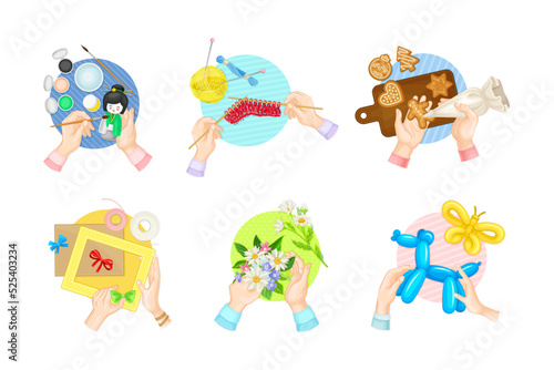 Set of human hands making diy crafts. Top view of hands painting, knitting, decorating cookies and modelling toys from inflatable balloons cartoon vector