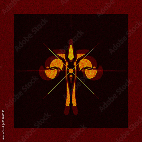 Abstract artistic illustration with geometric shapes or colored drawings on a red background