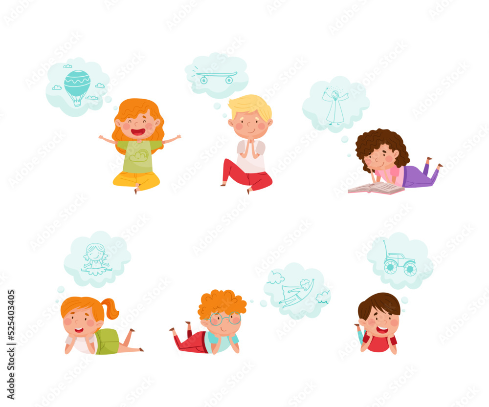 Kids imagination and fantasy. Adorable little boys and girls dreaming with bubbles over their heads cartoon vector illustration Kids imagination and fantasy. Adorable little boys and girls dreaming with bubbles over their heads cartoon vector illustration