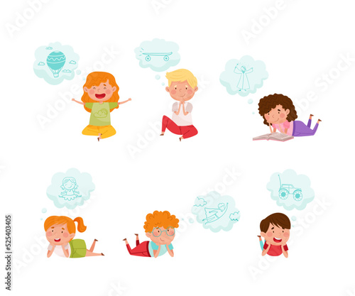 Kids imagination and fantasy. Adorable little boys and girls dreaming with bubbles over their heads cartoon vector illustration