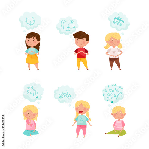 Adorable little boys and girls dreaming with bubbles over their heads cartoon vector illustration