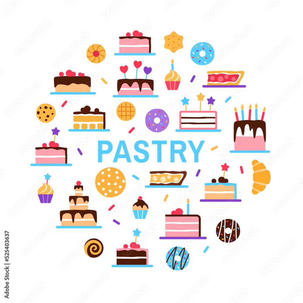 Naklejka premium Pastry shop circle concept on white background. Colorful elements with text. Danish pastries patisserie for cafe restaurant menu banner design. Cake donut bun cookie croissant pie vector illustration.