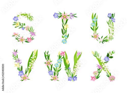 Meadow flowers alphabet. S,T,U,V,W,X English capital letters made of flowers and green leaves cartoon vector illustration