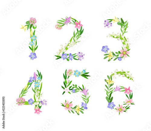Meadow flowers numbers set. Numerals made of delicate flowers and green leaves cartoon vector illustration
