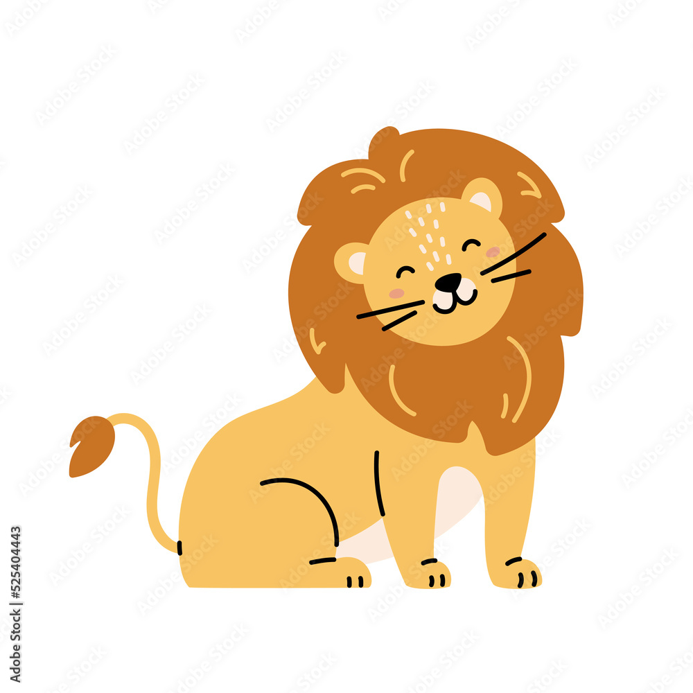 Fototapeta premium Wildlife animal. Cute lion smiling, for printing on baby clothes, postcards, baby shower. Lion isolated on white background, hand-drawn. Scandinavian style.