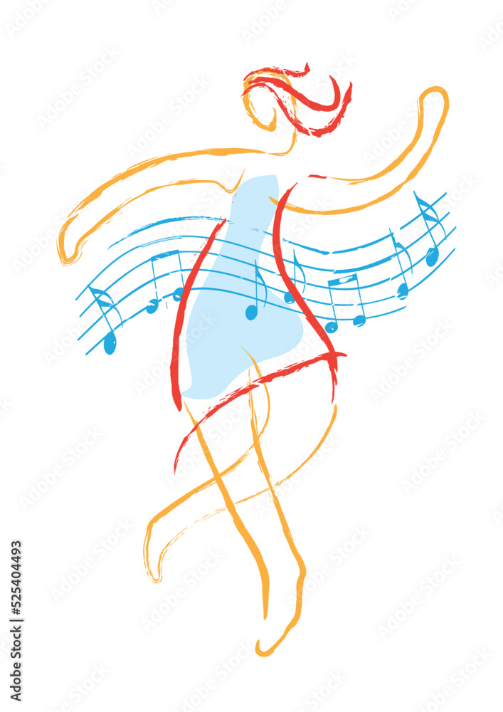 Obraz premium Music theme with beatiful dancing girl. Expressive, line art stylized illustrations of dancing young woman with wavy musical notes. imitation of a hand-drawn drawing. Vector available.