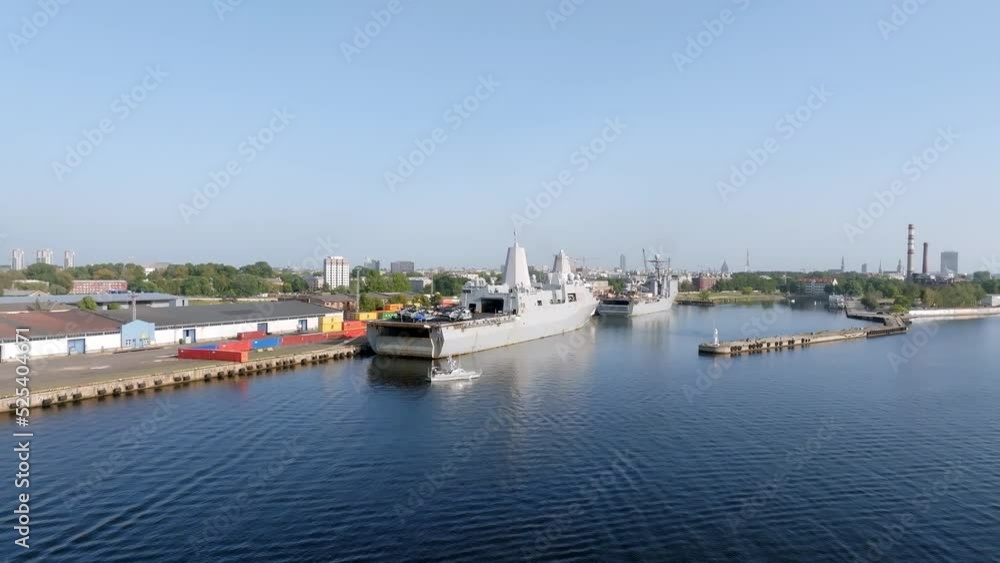 Riga, Latvia.August 23, 2022. Combat ships of NATO countries in the port of Riga during the exercises. Protecting Baltic states with NATO ships.Aerial view. Riga, Latvia.August 23, 2022. Combat ships of NATO countries in the port of Riga during the exercises. Protecting Baltic states with NATO ships.Aerial view.