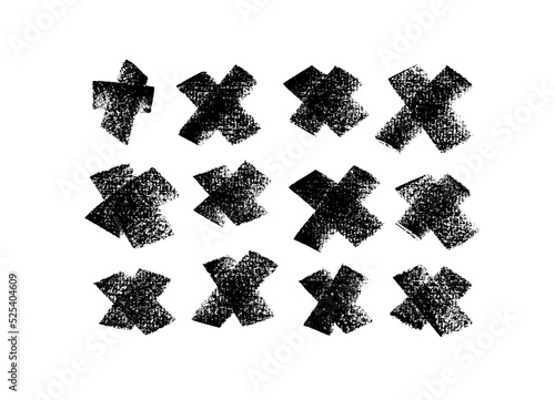 Grunge letter X drawn in charcoal. Hand drawn X mark set. Vector black dry geometric elements. Collection of hand painted cross marks isolated on white background. Cross sign graphic symbol