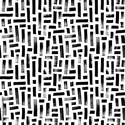 Abstract maze geometric background. Hand drawn seamless pattern with bold straight lines. Black and white intricate vector background with brush strokes. Irregular maze and labyrinth pattern.