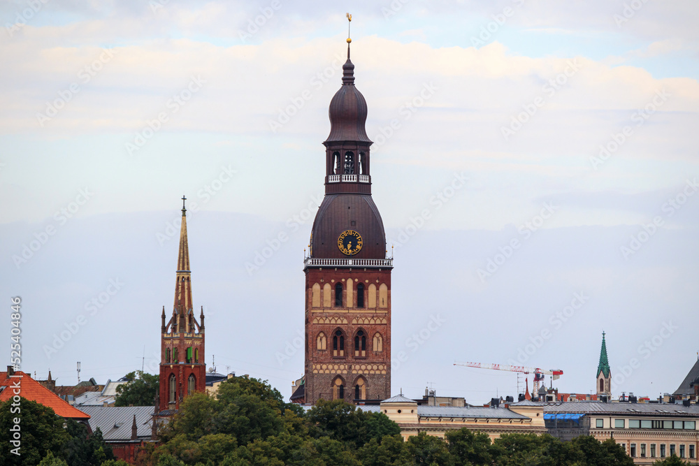 View of the tower of Riga Dom church. Dom church tower with a clock