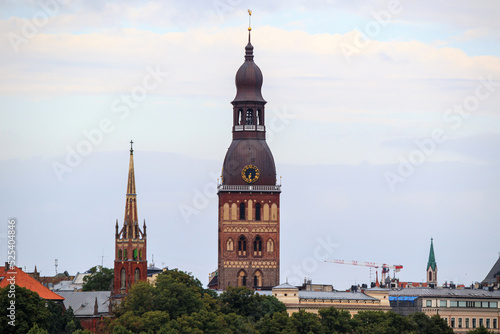 View of the tower of Riga Dom church. Dom church tower with a clock