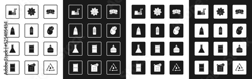 Set Oil railway cistern, Canister for motor machine oil, rig with fire, industrial factory building, Bio fuel, Alcohol spirit burner and petrol test tube icon. Vector