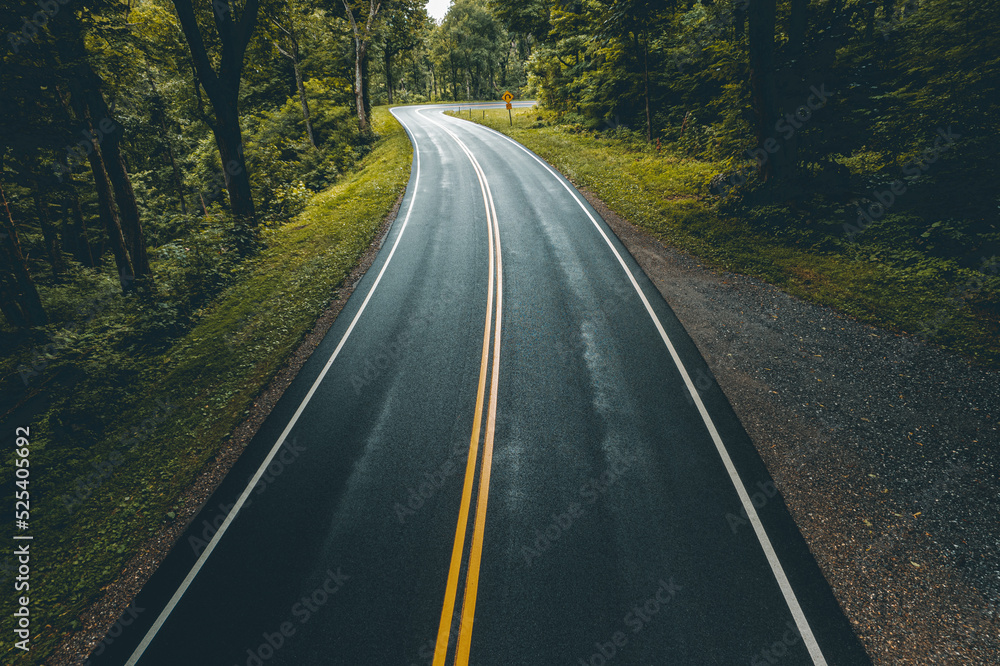 Fototapeta premium New road. Fresh asphalt on highway or freeway. Empty without traffic of car or truck roadway. Yellow double solid line. Country road passes through green forest. Atmospheric in dark colors photo.